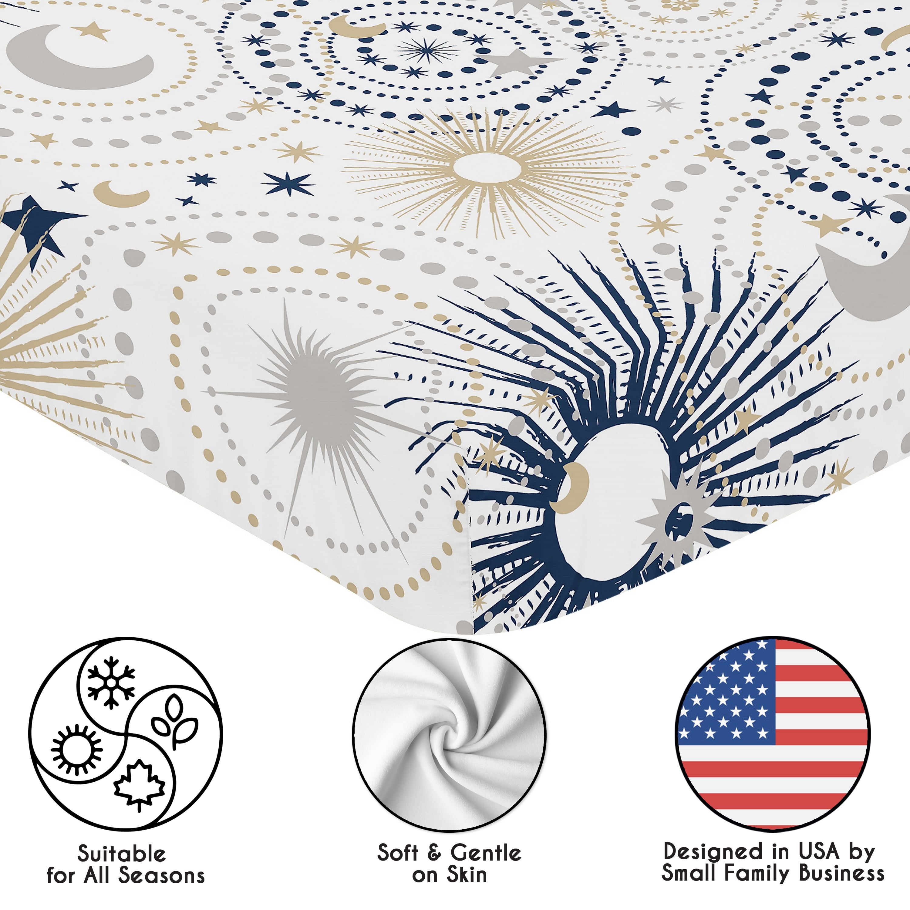 Sweet Jojo Designs Celestial Navy Blue and Gold Boy, Girl, Unisex/Gender Neutral Fitted Crib Sheets Set 2 Piece