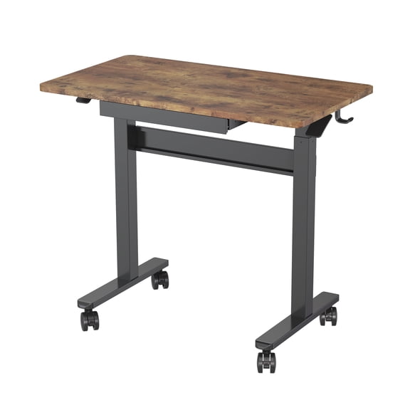 Laitimia Mobile Standing Rolling Desk–Sit Stand Up Desk with Drawer, Pneumatic Height Adjustment, Lockable Wheels, Adjustable Home Office Desk for Computer, Dark Woodgrain