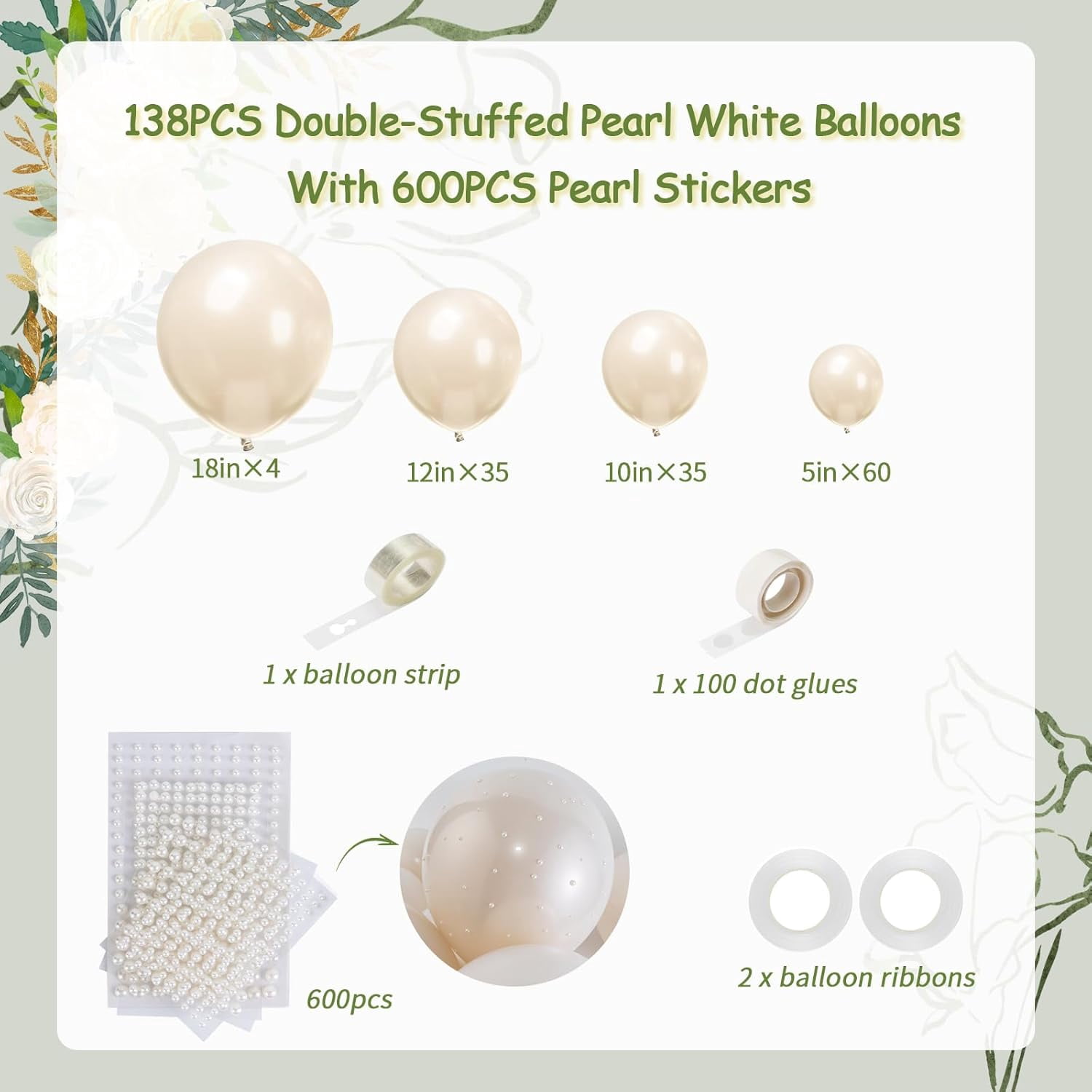 Pearl White Double-Stuffed Balloons Garland Arch Kit With Pearl Stickers for Wedding Bridal Shower Engagement Decorations