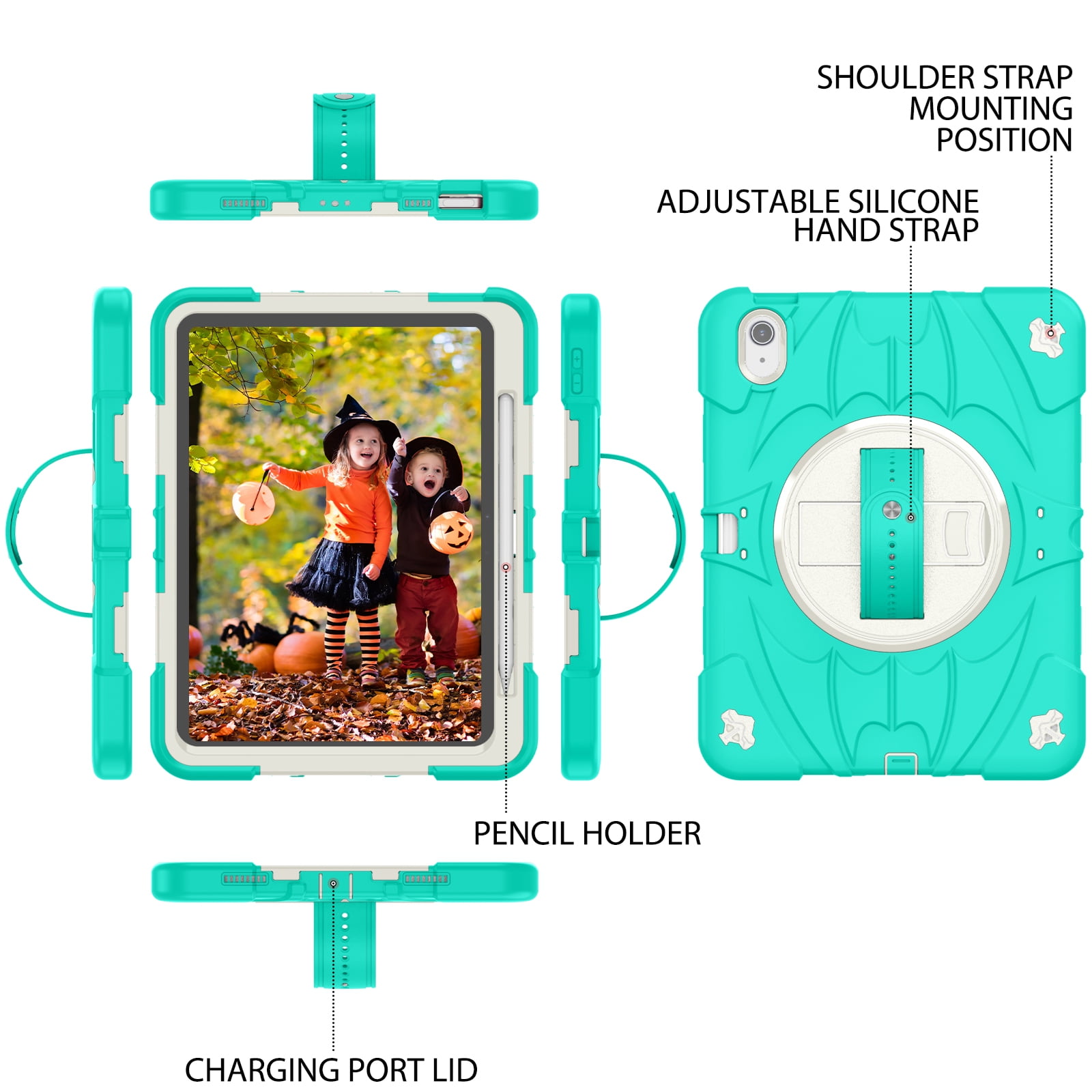ELEHOLD Case for Apple iPad Air 11 (2024), Heavy Duty Shockproof Case with Pencil Holder/Stand/Hand Strap/Shoulder Belt, Rugged Protective Cover for Boys Girls,Mint