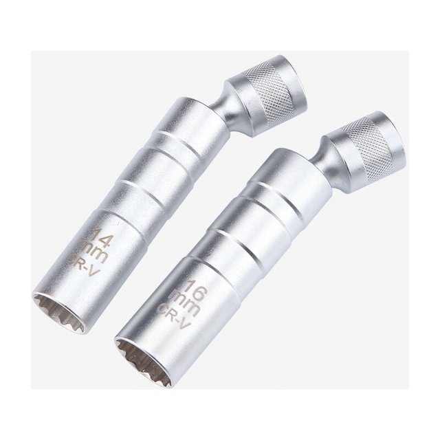 2 llaves de bujía giratorias magnéticas de 3/8', llave para bujías de coche de doce puntos de 14 mm/16 mm, material de diseño giratorio CR-V longitud 97 mm, plateado,