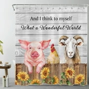 HVEST Funny Pink Pig Shower Curtain for Bathroom Farm Animal Sheep Chicken and Yellow Flower on Gray Bathroom Shower Curtains with Hooks, Farmhouse Retro Bathroom Curtains Shower Set 72x78 inch