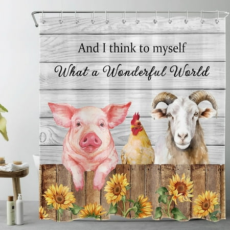 HVEST Funny Pink Pig Shower Curtain for Bathroom Farm Animal Sheep Chicken and Yellow Flower on Gray Bathroom Shower Curtains with Hooks, Farmhouse Retro Bathroom Curtains Shower Set 72x78 inch
