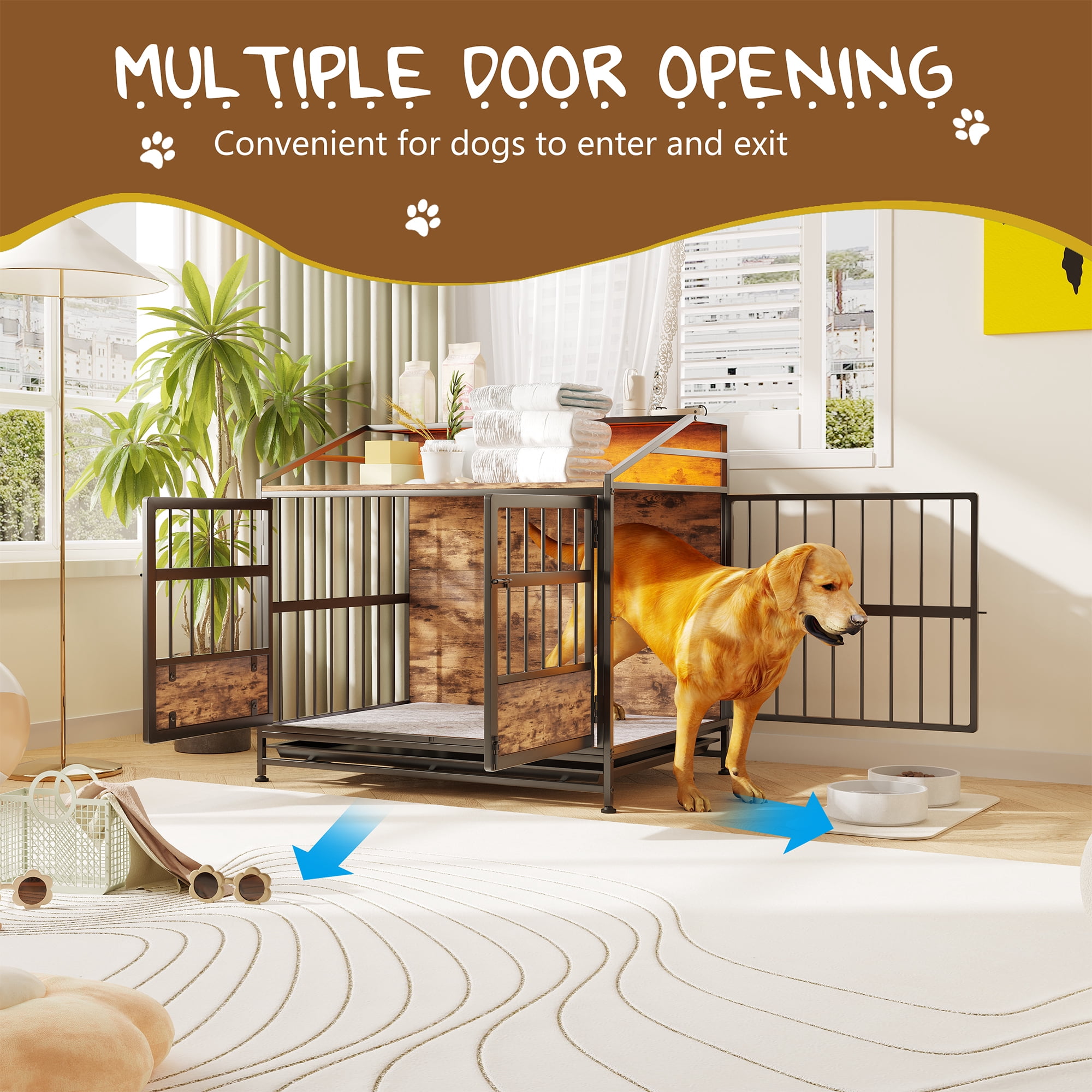 Multi-function Dog Crates with Storage, Furniture Large Wooden Dog Kennel with Double Doors, for Large/Medium Dog Indoor