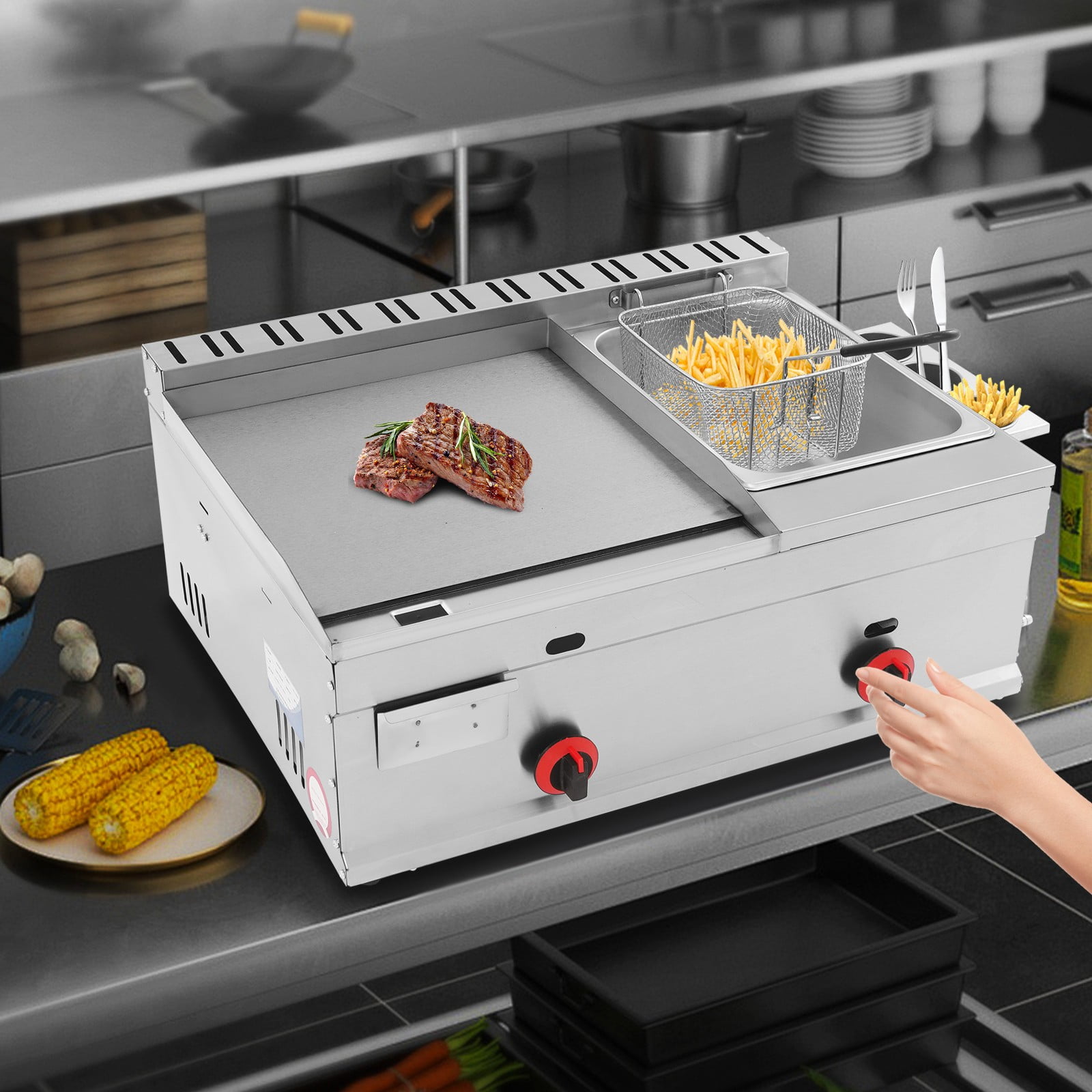 Commercial Gas Propane Flat Top Grill Griddle w/ Deep Fryer Multi-function Fryer Deep-frying Machine Large-capacity with Grill Griddle Gas Heating