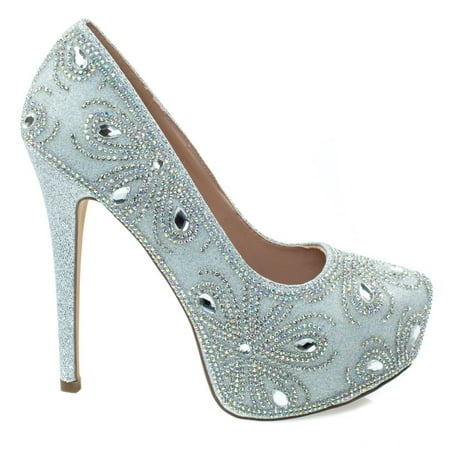 Leather Stiletto High Heel - Kinko140 by Blossom, High Heel Stiletto Dress Pump w Hidden Platform & Rhinestone Glitter