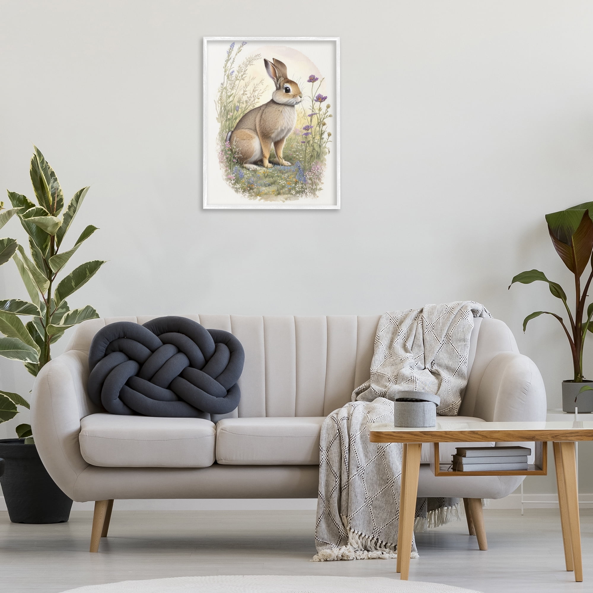 Stupell Industries Rabbit with Meadow Blooms Animals & Insects Painting White Framed Art Print Wall Art, 24 x 30