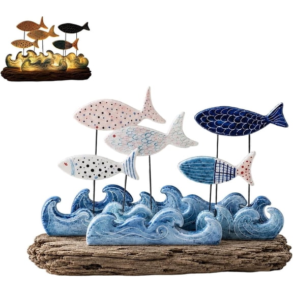 Lighted Coastal Fish Tabletop Decor, Beach House Table Centerpiece, Coastal Farmhouse Decor for Living Room Shelf Mantel Entryway, Gift for Friends Who Like Ocean Fish (1pc)