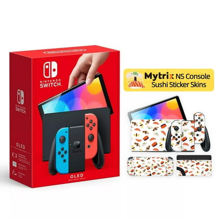 Nintendo Switch 2021 New OLED Model Neon Red Blue with Mytrix Full Body Skin for NS OLED Console, Dock and Joycons - Sushi Set