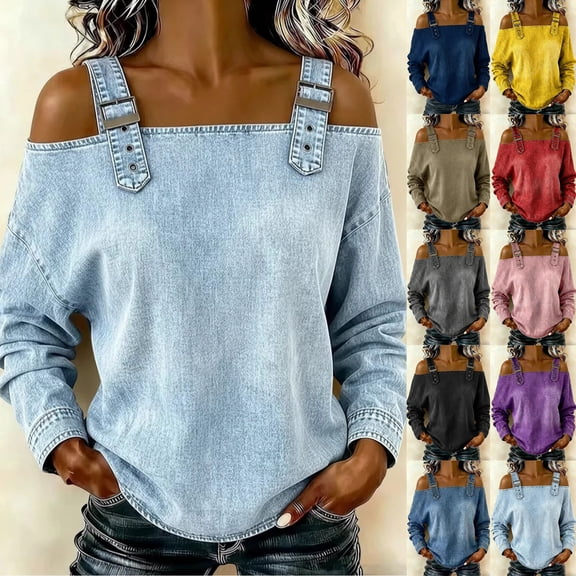 Umfun Tops for Women Cold Shoulder Denim Look Blouse Long Sleeve Casual Pullover Top with Buttoned Strap Details Loose Fit Tunic Shirt for Fall Winter Vacation Daily Wear