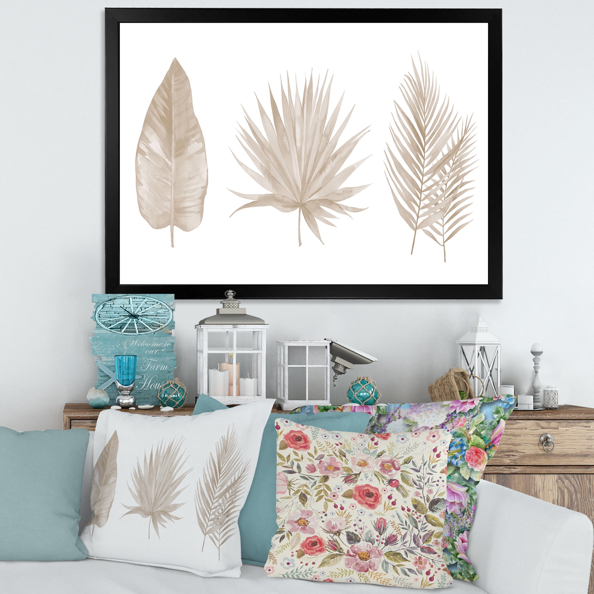Designart 'Tropical Beiges Leaves On White' Traditional Framed Art Print
