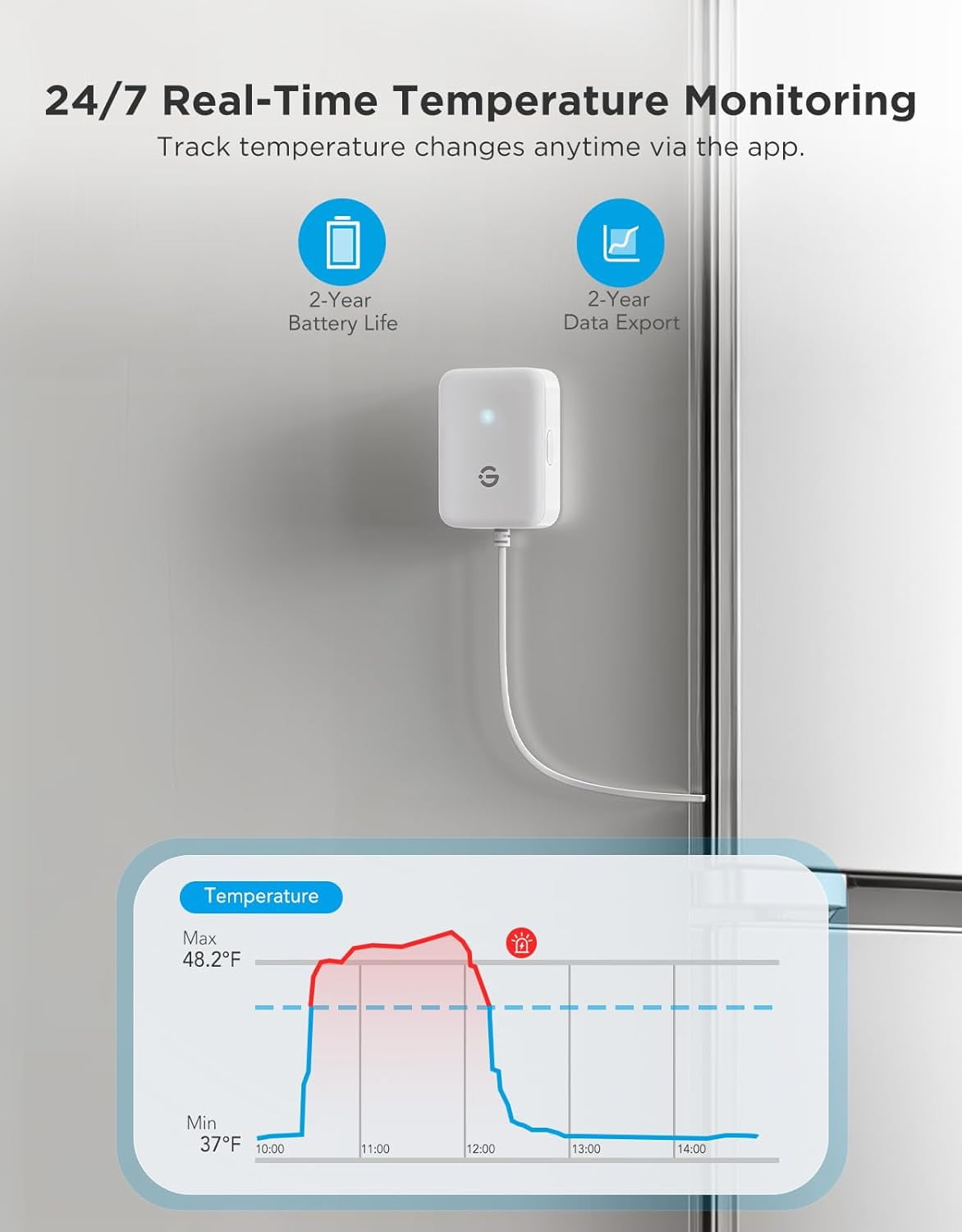 WiFi Refrigerator Thermometer with Alarm, Wireless Digital Freezer Temperature Gauge with App Control, 2 Years Free Data Export, for Home Kitchen Fridge Hot Tub