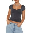 thumbnail image 2 of Women T-shirt, Low-cut Short Sleeve Pleated Solid Slim Fit Summer Tops for Casual Daily, 2 of 10