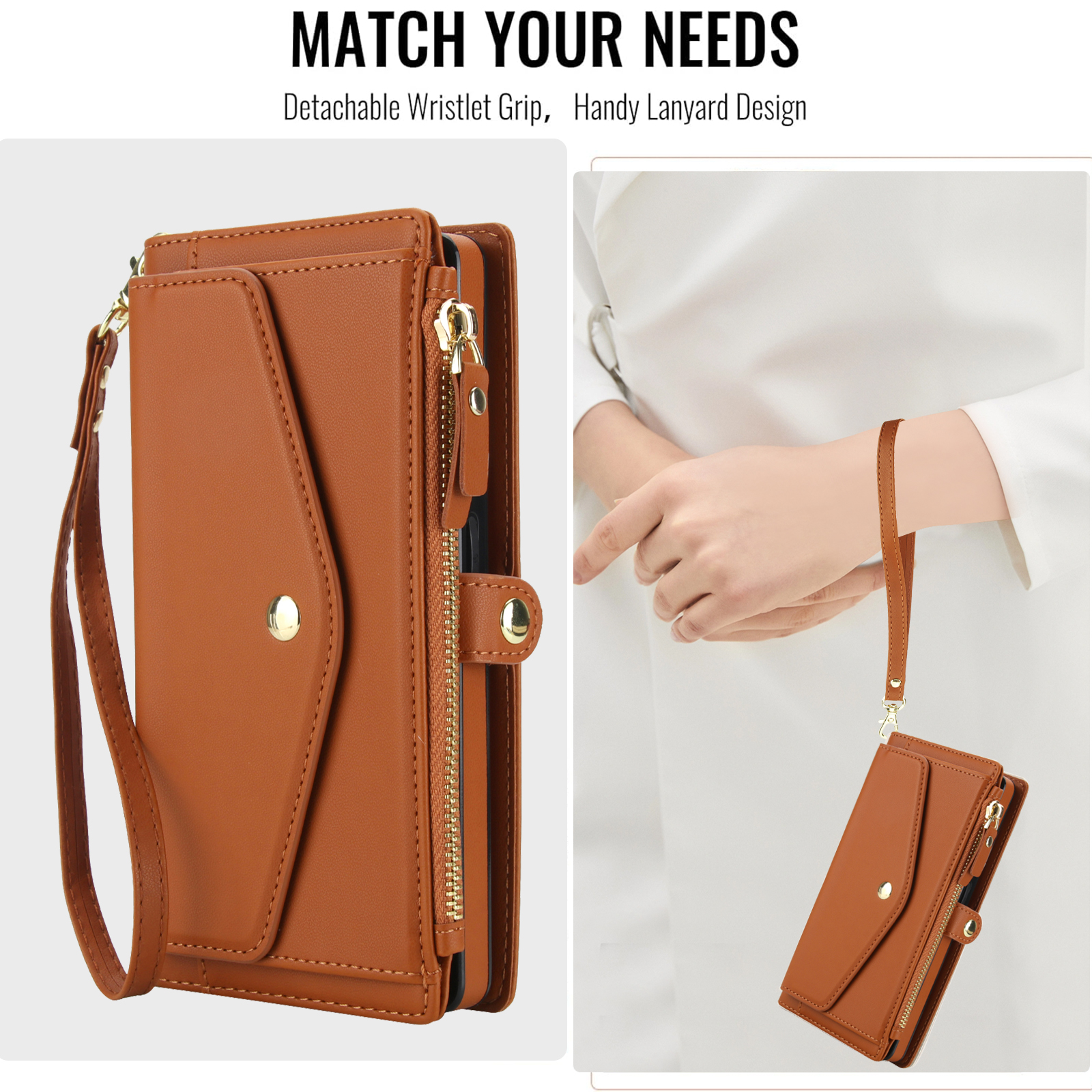 Designed for Samsung Galaxy S24 Multi-Function Wallet Phone Case,With Shoulder Strap&Wrist Strap,Cash Pocket&Card Slots,Zipper Purse,Magnetic Detachable PU Leather Flip Phone Case,Brown