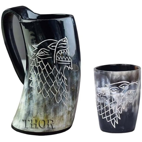 Viking Drinking Ox Horn Mug/Shot Glass/Authentic/Mead/and Beer Tankard | Vintage Stein with Handle | Wolf/Fenrir Design | Polished Finish | (2 Pc Set) Rustic Vintage Home Decor