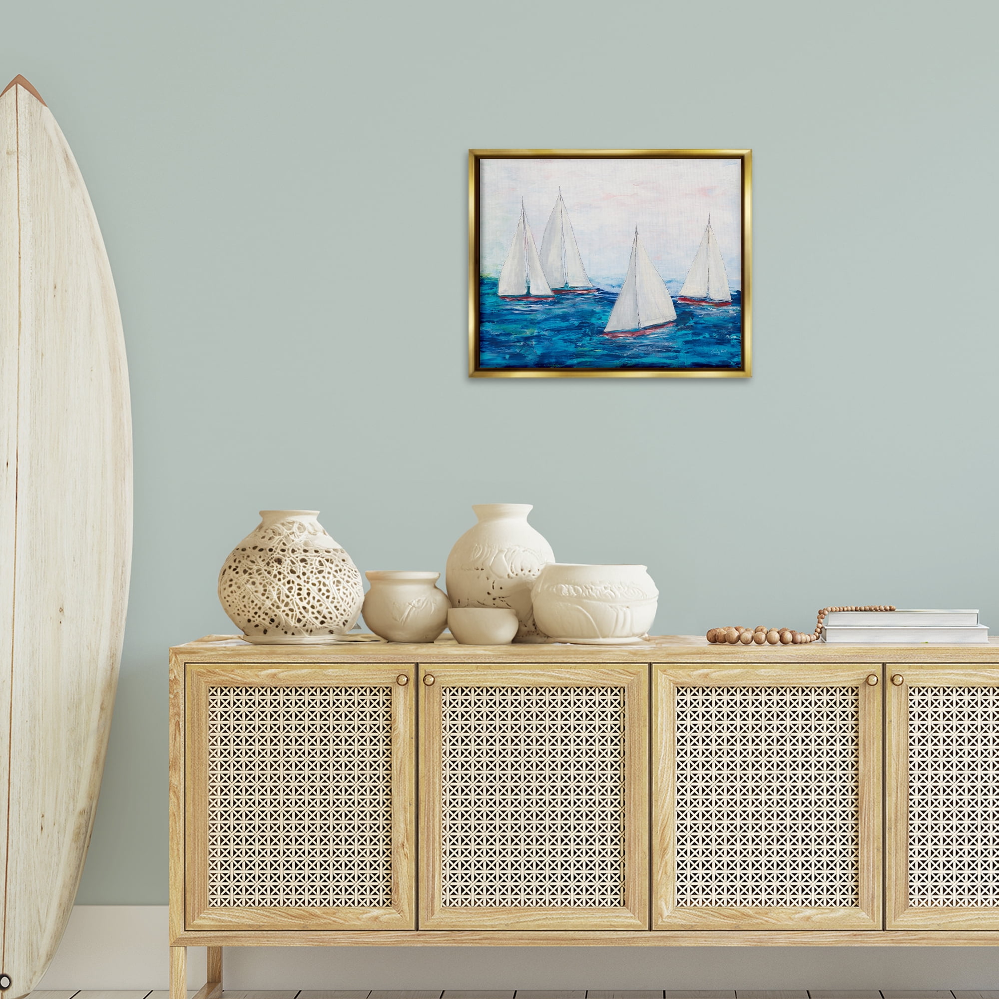 Stupell Industries Sailboat Fleet on Ocean Coastal Painting Gold Floater Framed Canvas Art Print Wall Art, 21 x 17