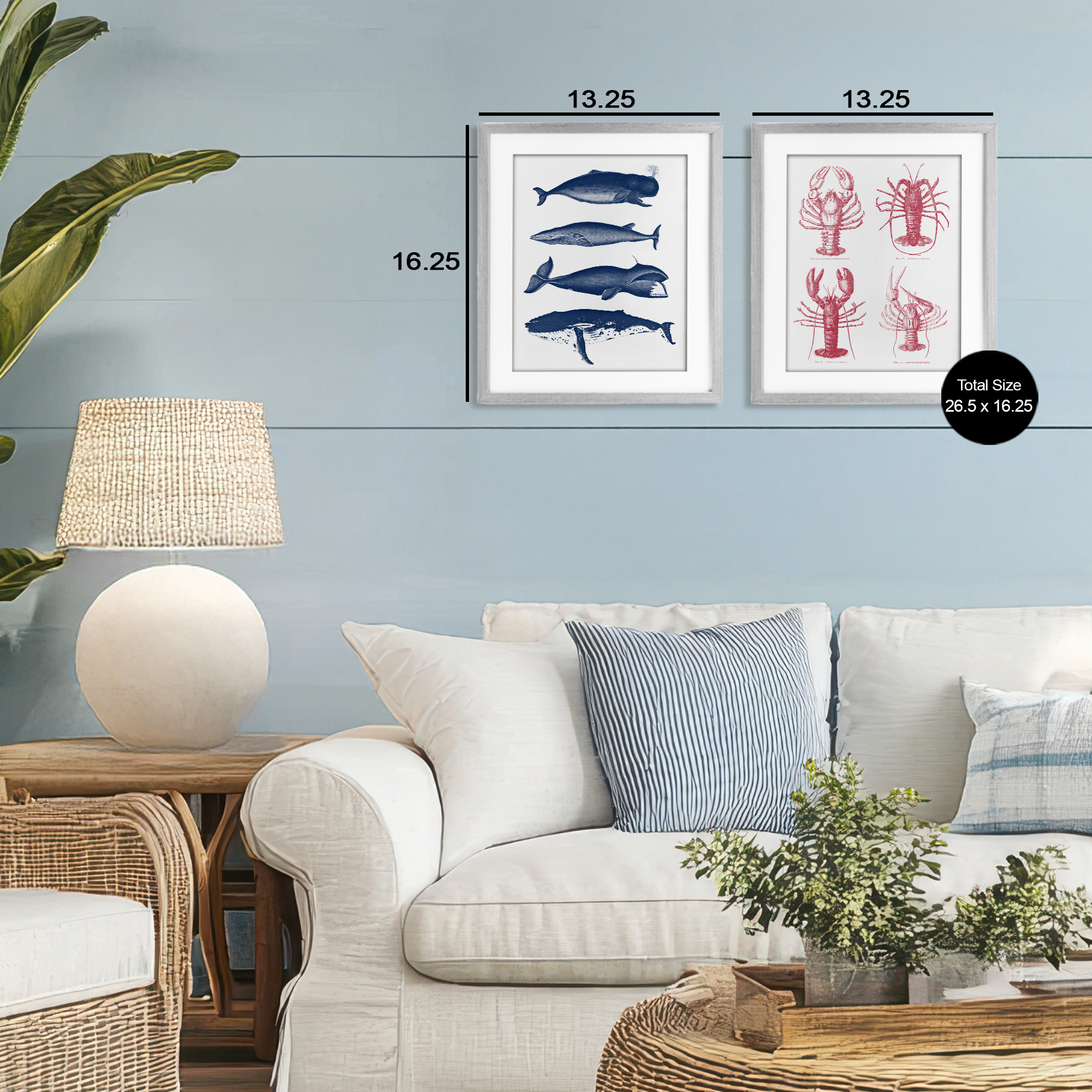 Marine Whales & Lobsters 2 Piece Gray Framed Print Under Glass Set, design by Lettered and Lined