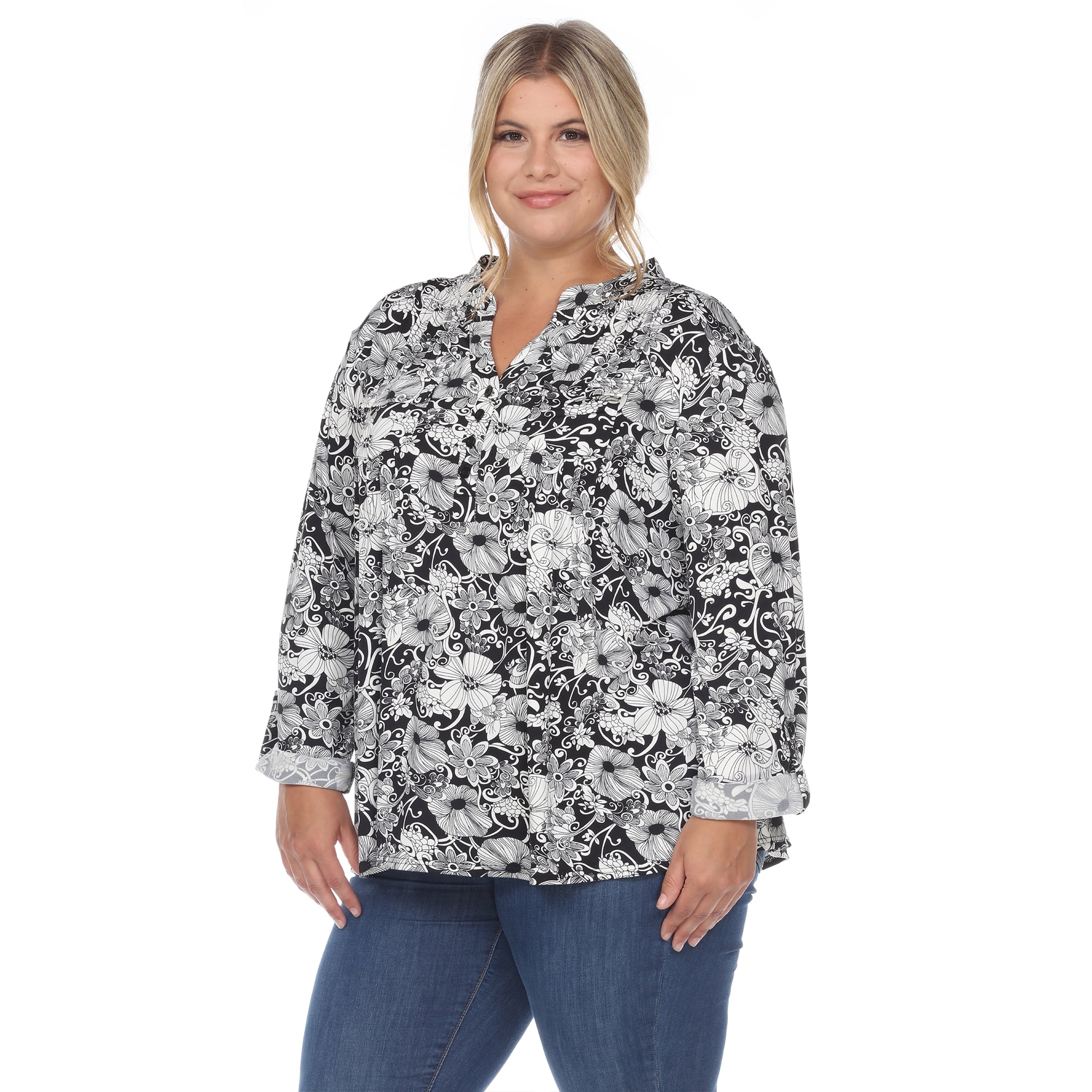 White Mark Women's Plus Size Pleated 3/4 Sleeve Floral Print Blouse