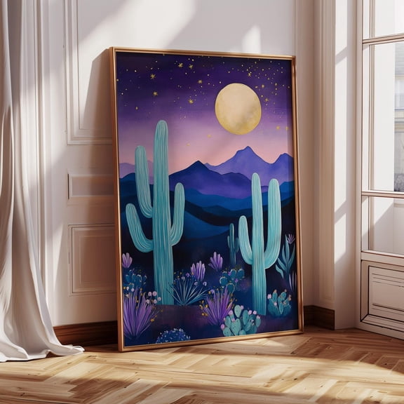 Desert Moonlight Cactus Art Print – Purple Mountain Landscape With Stars – Southwestern Night Sky Wall Decor For Boho Interiors Wall Art, Modern Wall Decor, 8x12 UNFRAMED