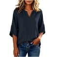 thumbnail image 4 of MaFYtyTPR Women's V-Neck Linen Top 3/4 Sleeve Collarless Casual Blouse Solid Loose Fit Three-Quarter Sleeve T-shirt for Daily Wear A-Dark Blue XL, 4 of 6