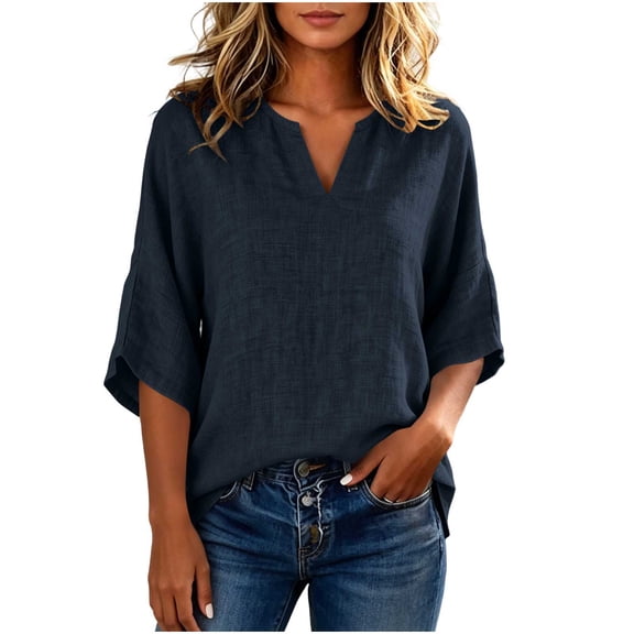 Bosfbaoi Linen Blouses for Women Notched V Neck 3/4 Batwing Sleeve Loose Casual Tunic Tops