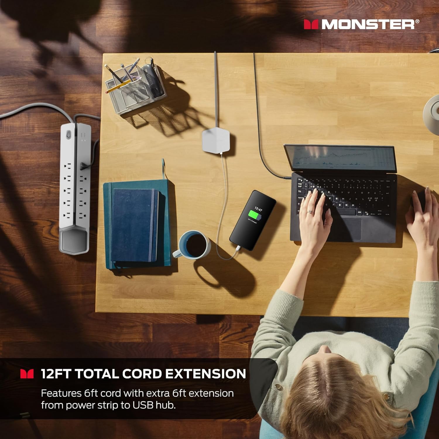 Monster Power Center Vertex XL: Surge Protector Power Strip, 10 AC Outlets, 2 USB-A, 1 USB-C (20W)