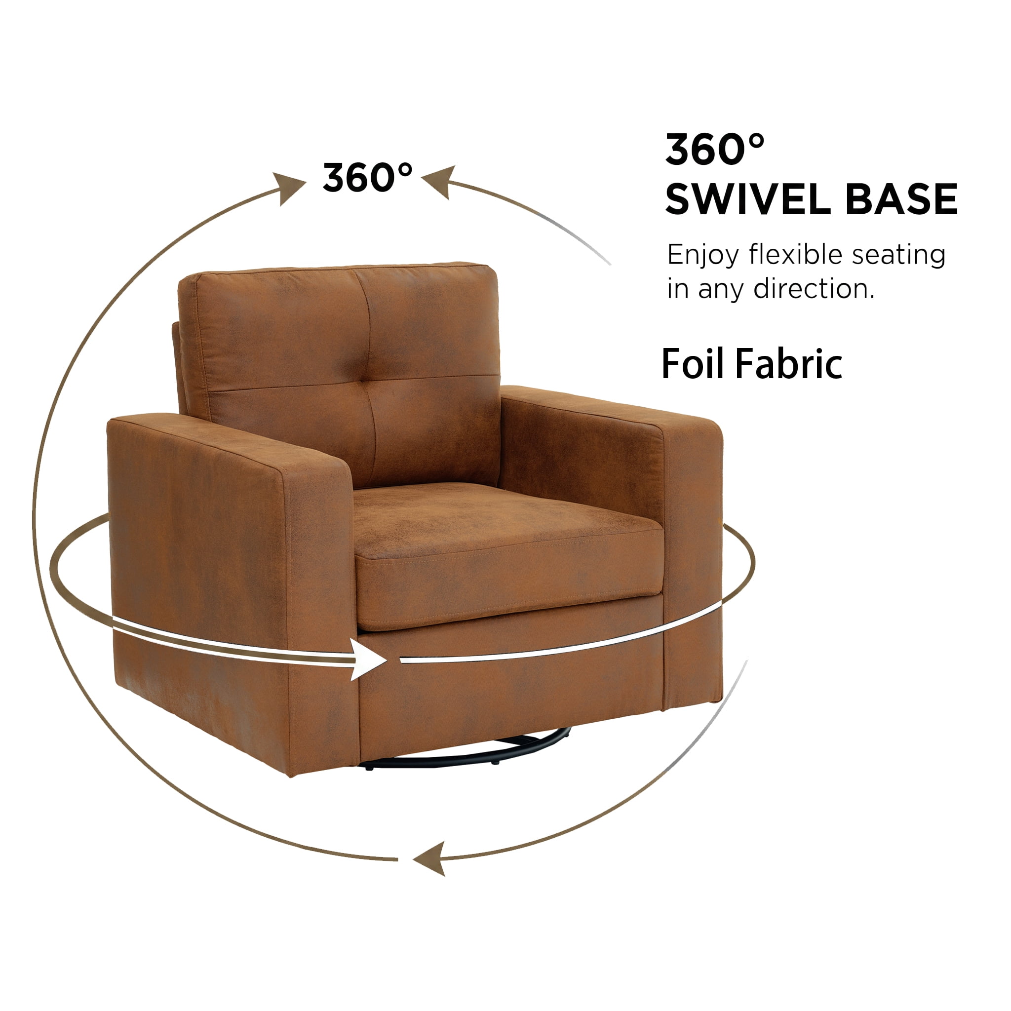 MOONMISS 360° Swivel Accent Chair with Point-Tufted Back & Textured, Upholstery Square Arm Armchair with Metal Pedestal Base, Soft Pillows for Living Room, Bedroom