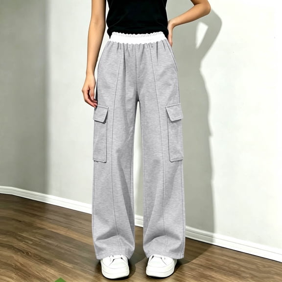 Mifsaly Cargo Pants for Girls Uniform Pants Kids High Waisted Relaxed Fit Casual Back to School Bottoms with Multi Pockets Gray,9-10 Years