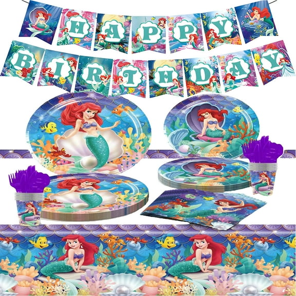 Mermaid Party Tableware Set, Birthday Party Supplies, Table Cover,Paper Plates, Napkins, Cups, Knives, Spoons and Forks