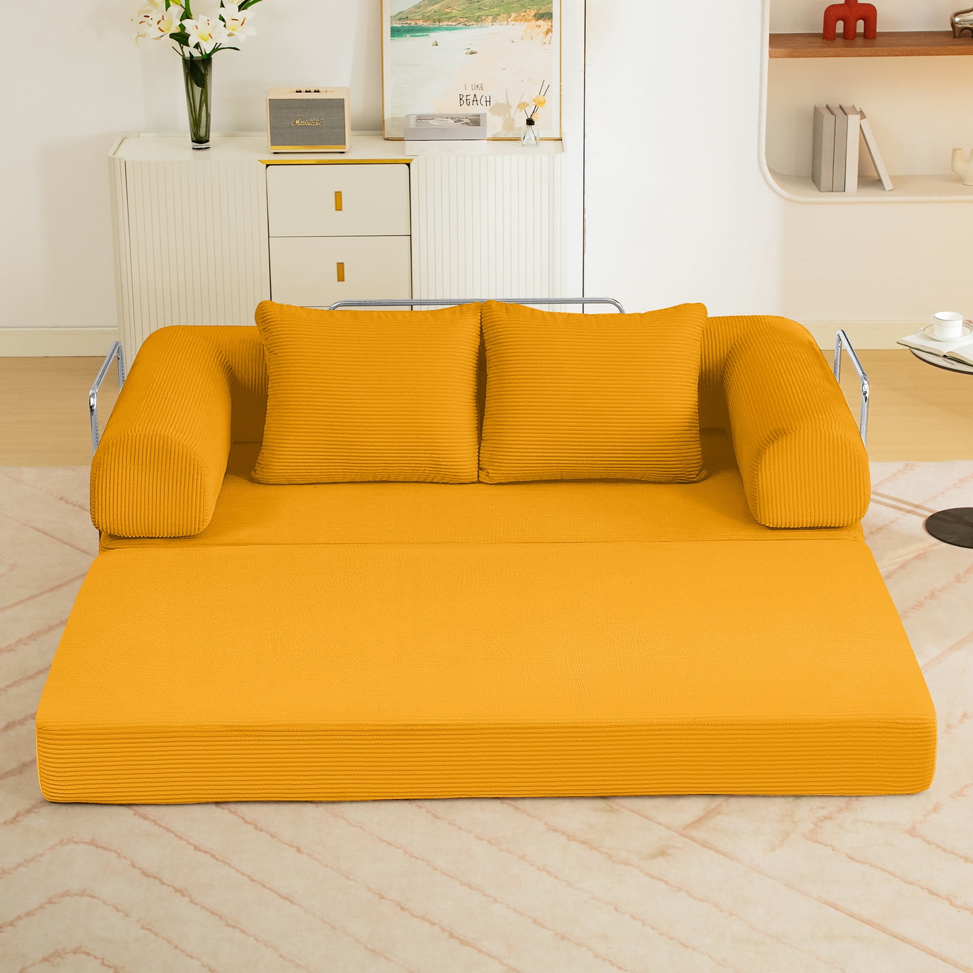 COOLHUT 78.7" W Convertible Sofa Bed, Foam Floor Sofa, Folding Sleeper Sofa Couch Bed with Six Frame, High Rebound Density Sofa, Corduroy Sofa Couch Bed for Living Room, Bedroom, Ginger