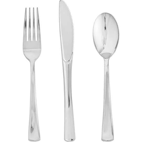 75 Pack Silver Plastic Silverware Disposable Cutlery Set - 25 Forks Knives Spoons - Disposable Flatware Heavy Duty Plastic Utensils Set for Catering, Parties, Dinners, Weddings