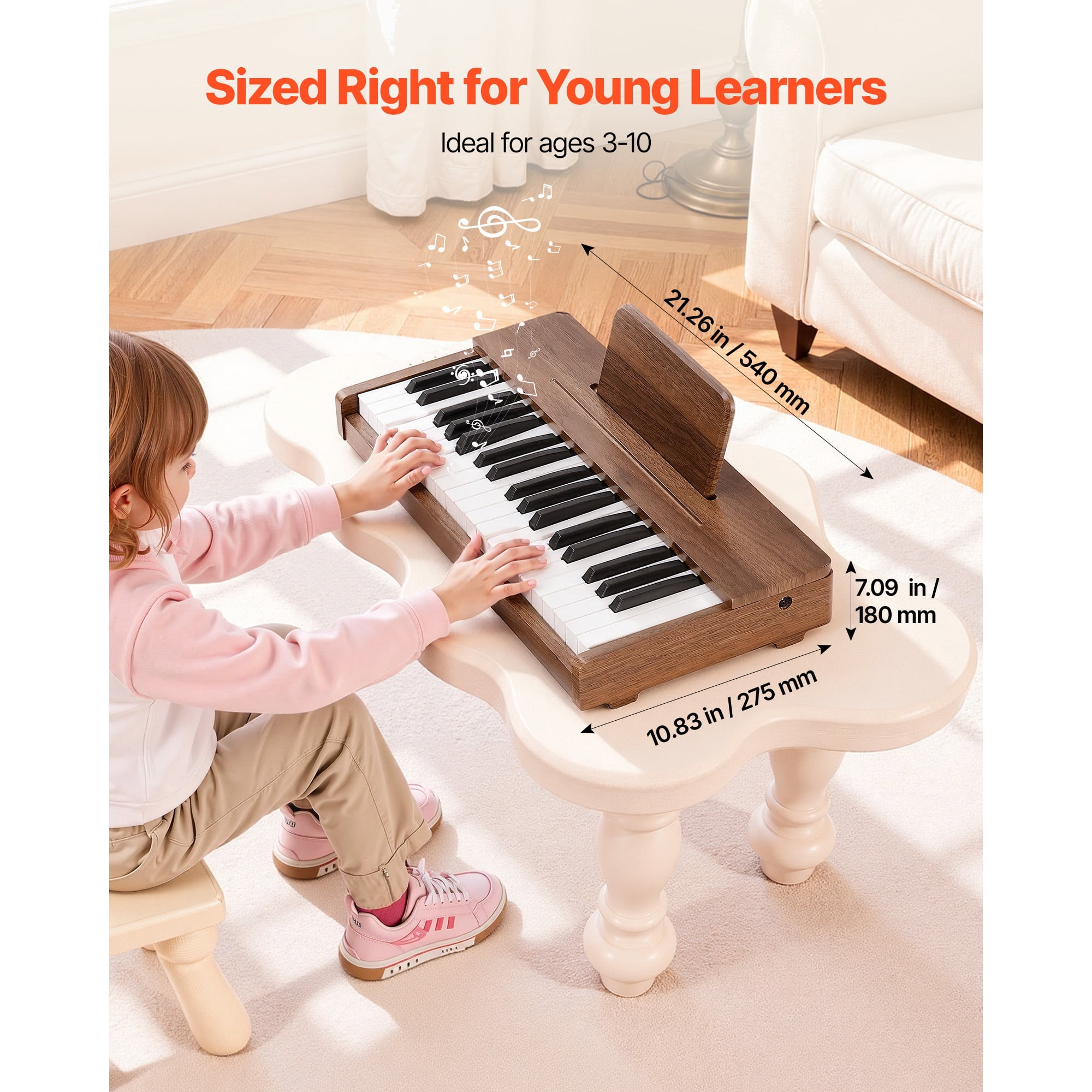 KFFKFF 37-Key Wooden Digital Piano for Kids, Mini Educational Musical Instrument with Realistic Sound, Dual Power Options, Adjustable Volume, Ideal for Toddlers and Children, Walnut Finish