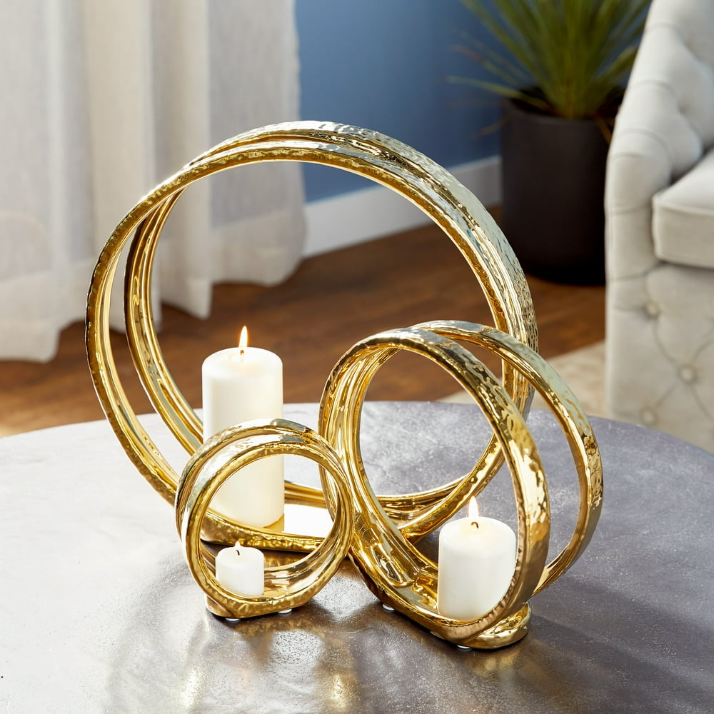 Decmode Glam Gold Circle Candle Holders, Set of 3 14", 9", 6