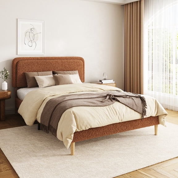 Brown Full Bed frame, Plush Upholstered Platform Bed with Height-Adjustable Headboard, Sturdy Frame and Alats, Quiet Design, No-Spring Mattress Compatible, Easy to Assemble,
