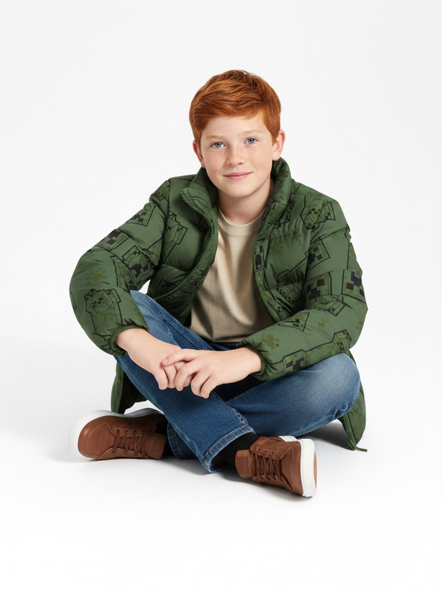 Boys’ Minecraft Creeper Allover Print Puffer Jacket, Olive Green, Sizes XS–XL