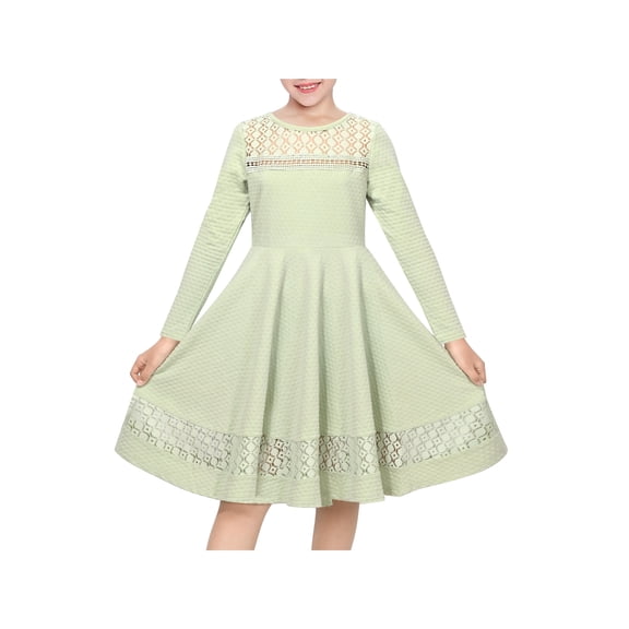 Sunny Fashion Girls Dress Crochet Lace Yoke Eyelet Knit Elegant Wedding Church Party Holiday 6 Years
