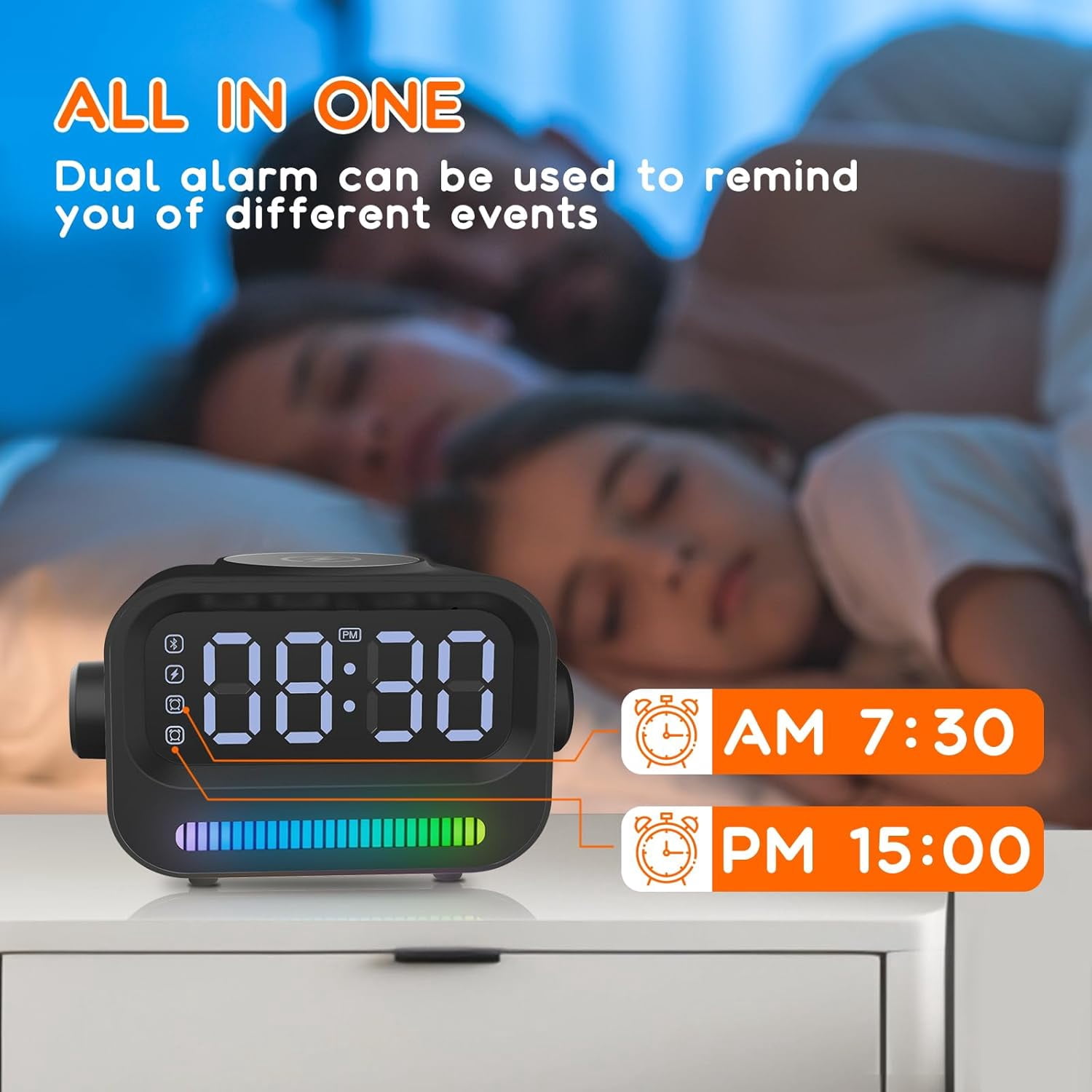 Alarm Clock with Wireless Charging, 3 in 1 Bluetooth Speaker, Digital Alarm Clock with RGB Light Clock and Speaker, LED Large Display Digital Alarm Clock for Teens Girls Boys (Black)
