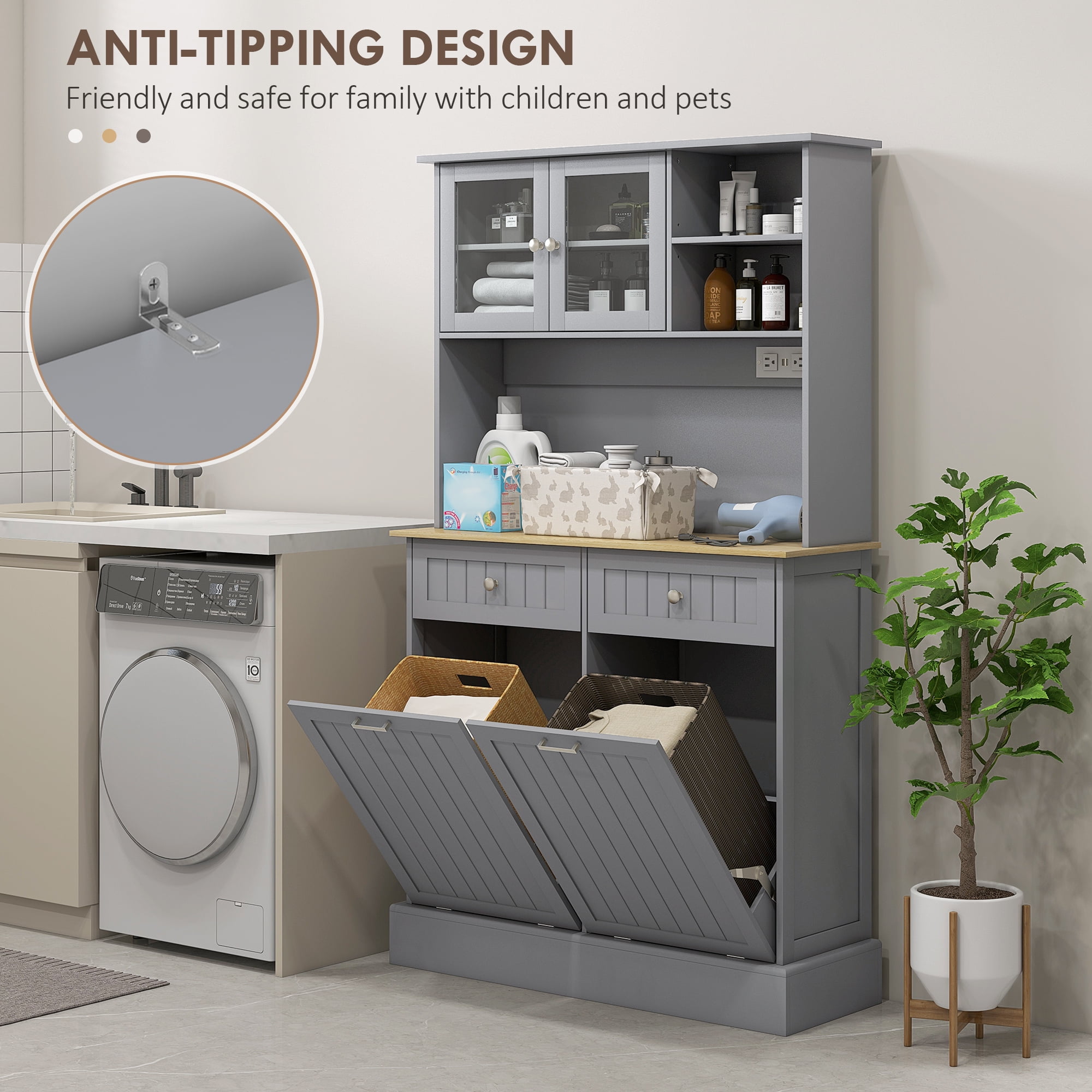 HOMCOM 68" Kitchen Pantry Cabinet with Charging Station, 2 Tilt Out Trash Cabinets and Microwave Stand, Modern Storage Cabinet, Gray
