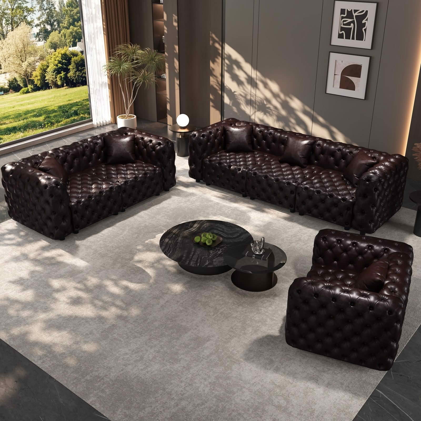 MAYEERTY 6‑Seat Faux‑Leather Modular Sofa, Handcrafted Button Tufted Couch with 6 Pillows for Living Room & Small Apartment