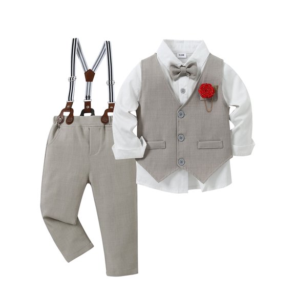 CARETOO Toddler Boy Clothes Suit Formal Dress Shirt Corsage Bowtie Waistcoat Suspender Pants 5pcs