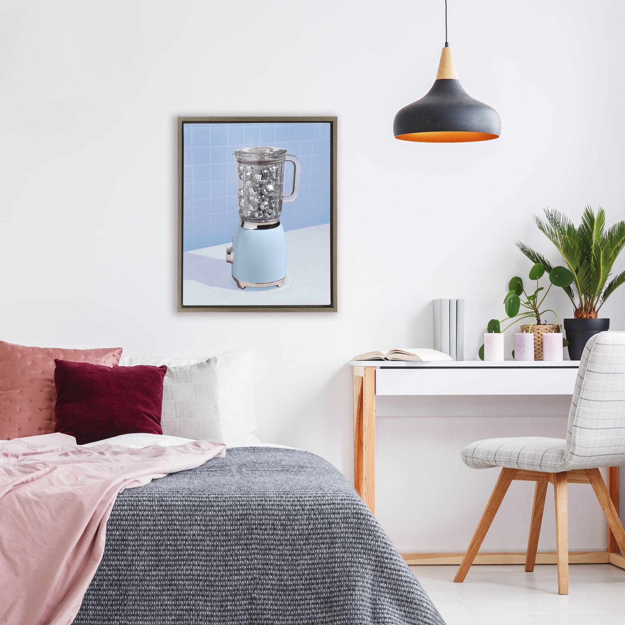 Blue Retro Disco Blender Brown Framed Floater Canvas Wall Art, design by LISH Creative