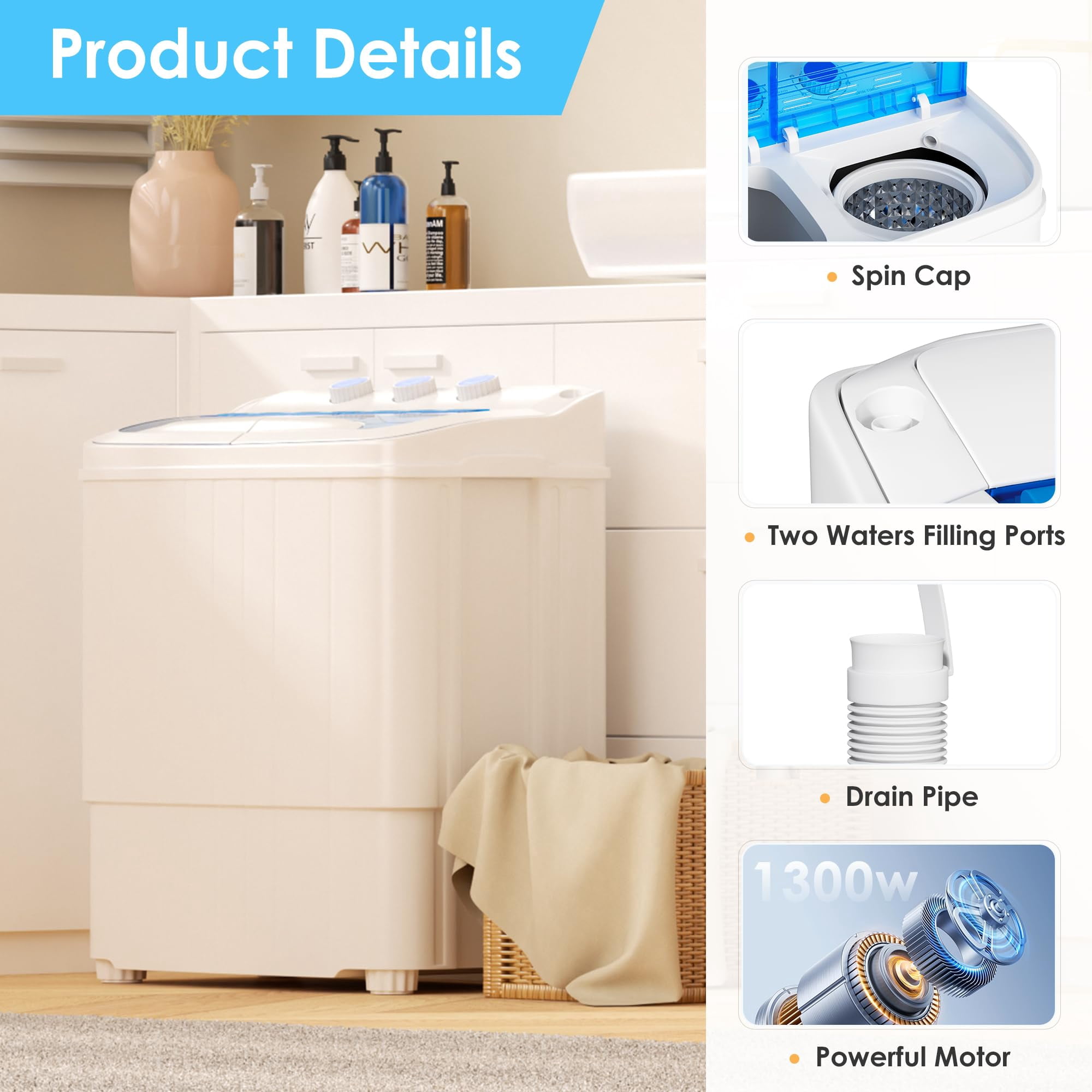INTERGREAT Portable Washer and Dryer, 16 lbs Twin Tub Mini Laundry Machine, Compact Washer with Spin Dryer for Apartment Dorm RV Camping, Blue