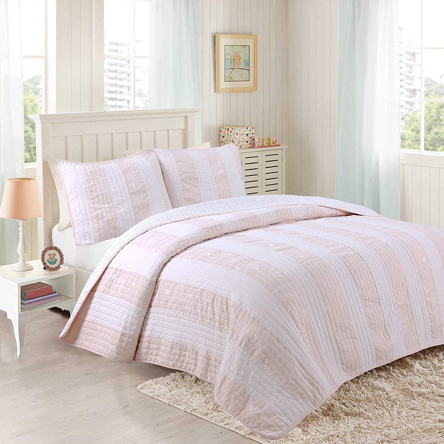 Details about   Sand and Stars Blush Pink Taupe White Cabana Striped King Quilt Set