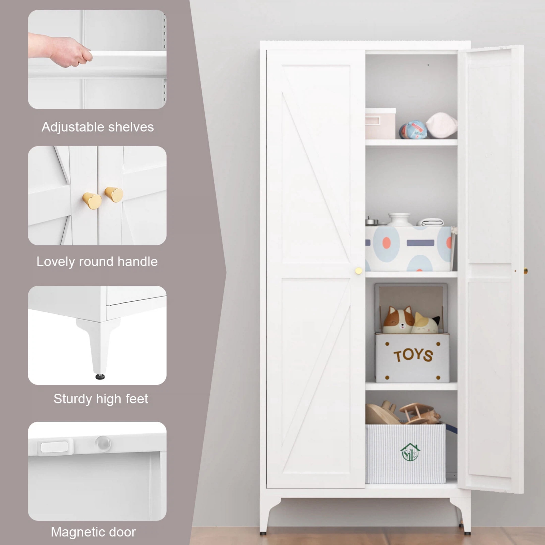AISWORD 61 Inch Metal Kitchen Pantry Cabinet, Freestanding Storage Cupboard with 3 Adjustable Shelves, 4-Tier Tall Storage Cabinet for Kitchen Bathroom Laundry Garage, White