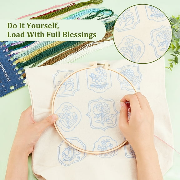 1set Canvas Tote bag Embroidery Kit with Patterns and Instructions for Beginner DIY Embroidery bag Cross Stitch Kit with Flower Pattern Include Bamboo Embroidery Hoops color Threads Needles