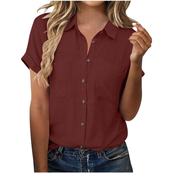 cocolona Womens Summer Tops Fashion Solid Color Short Sleeve Button Shirts Dressy Casual Tunic Blouses