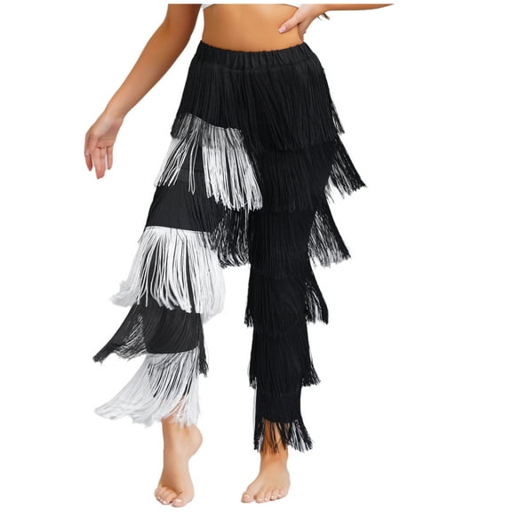 Xnihocha Women's Fringe Cha-cha Tango Salsa Ballroom Latin Dance Pants Elastic Waist Tassel Pants Black&White L