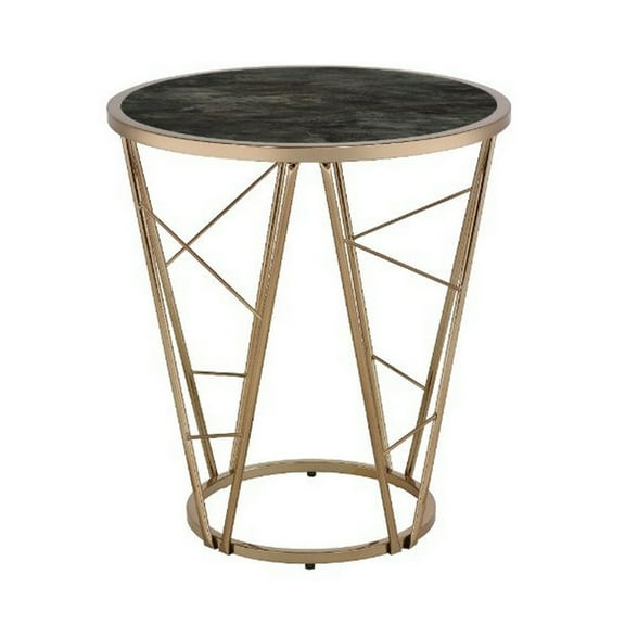 Benjara End Table with Glass Top and Geometric Frame, Black and Gold