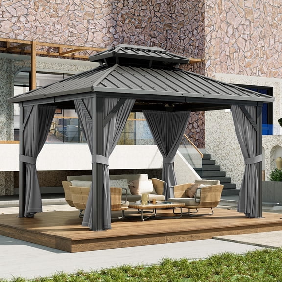 10x12 ft Double Roof Hardtop Gazebo, Heavy Duty Galvanised Steel Hardtop Pavilion with Nettings and Curtains, Aluminum Gazebo for Patio, Terrace, Lawn and Deck, Gray