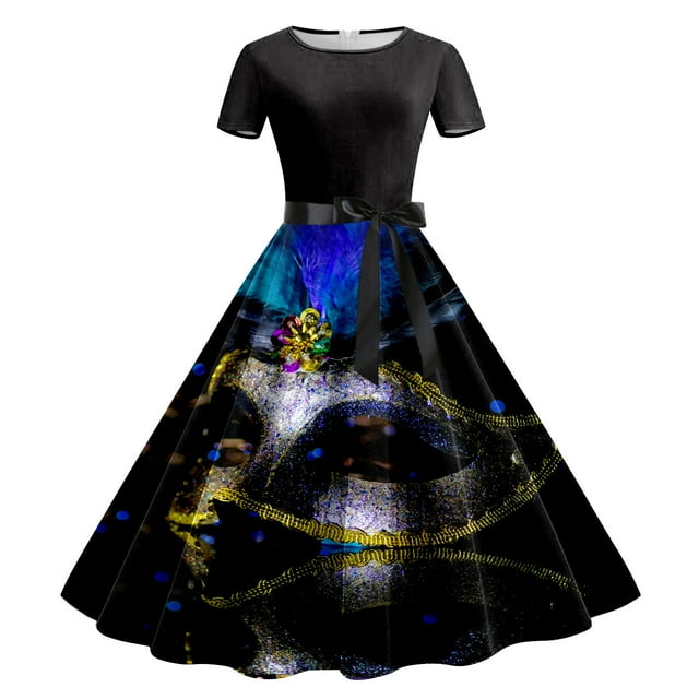 SZXZYGS Robes Soleil Femmes Aguichant Femmes Imprimé Manches Courtes Robe de Soirée Bal des Années 1950 2024